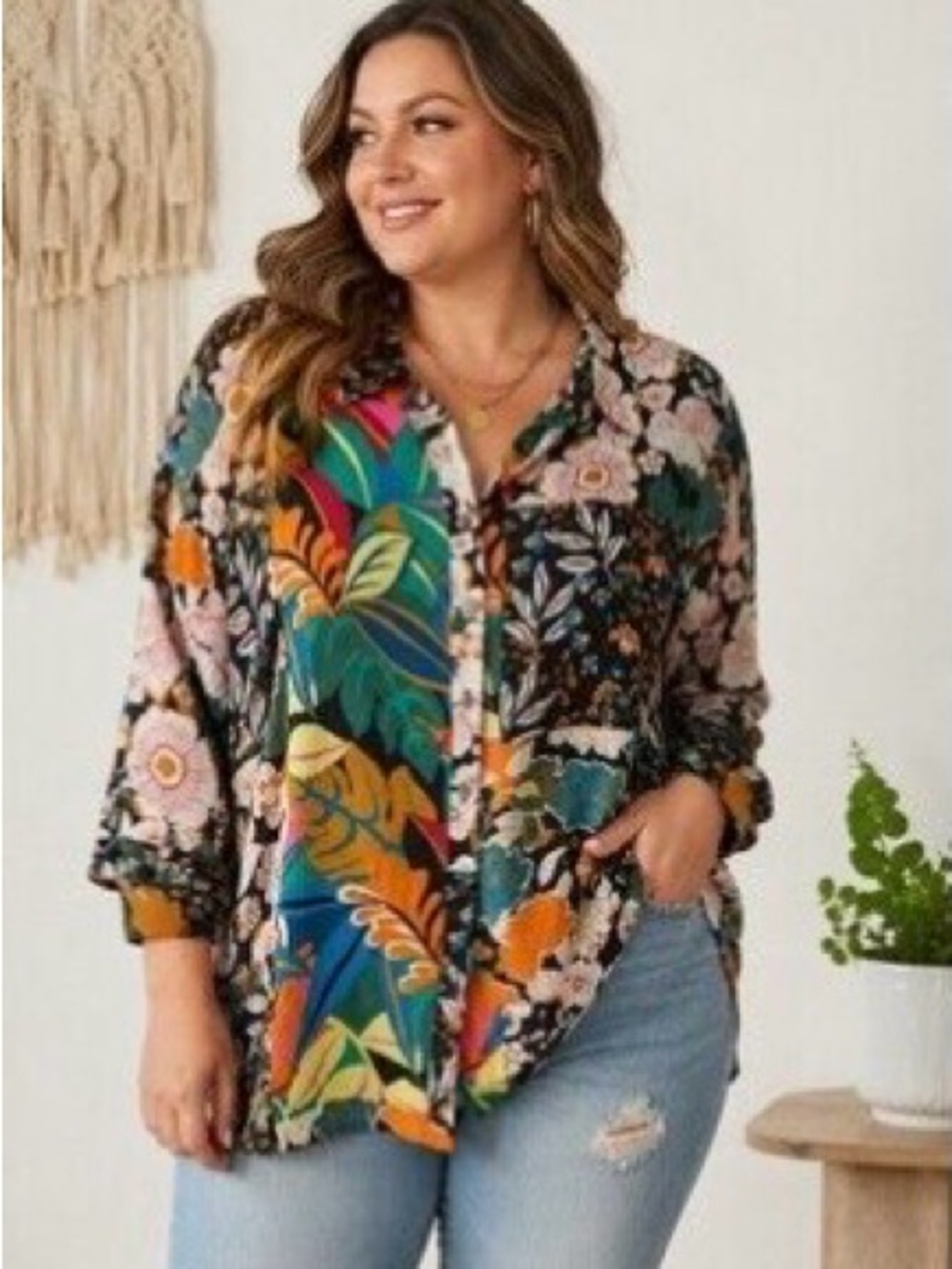 Rose + Olive Boho Patchwork Tropical Floral Button Down Blouse Artsy Eclectic 2X